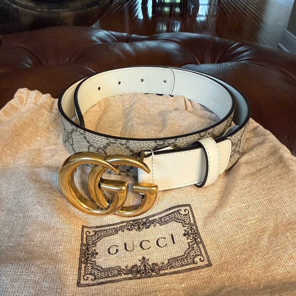 Gucci Beige GG Supreme Canvas & White Leather Belt with Gold Double G Buckle